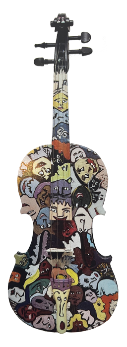 Violin painted with cartoon faces